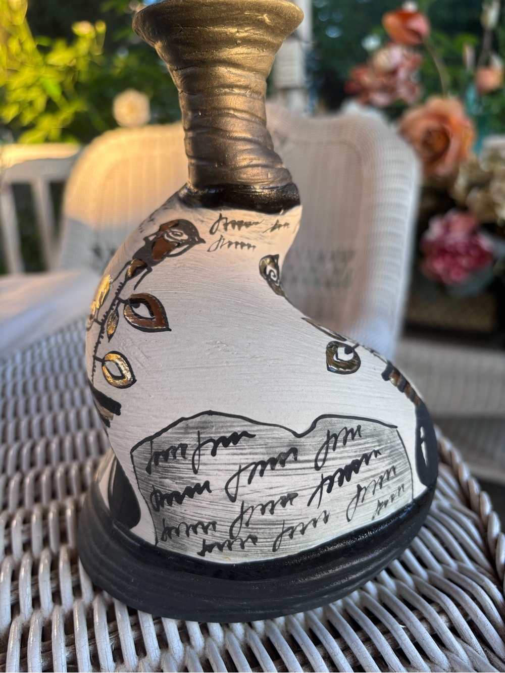 Hand-Painted White & Black Ceramic Vase with Gold Accents